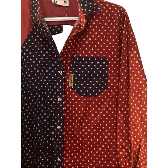 Vintage Banjo Dallas Texas Western Shirt Red Blue Polka Dot Patchwork Medium USA - Picture 4 of 7